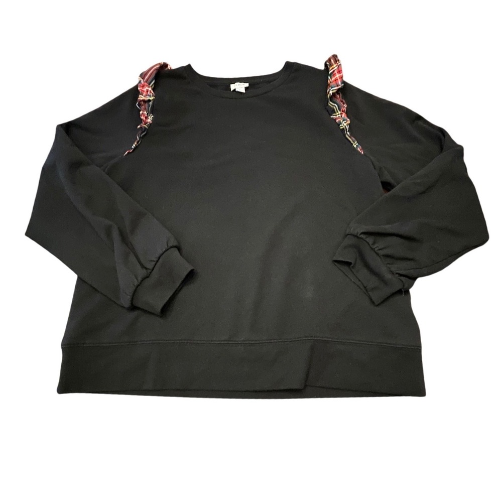 J. Crew Womens Black Plaid Ruffle Shoulder Sweatshirt Pullover Size L